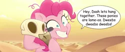 Size: 1920x804 | Tagged: safe, derpibooru import, edit, edited screencap, editor:wild stallions, screencap, pinkie pie, earth pony, insect, pony, fanfic:cupcakes, my little pony: the movie, crazy face, dead, desert, desert sun madness, faic, implied gilda, implied murder, insanity, messy mane, shrunken pupils, skull, speech bubble