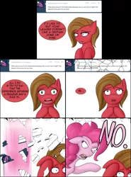 Size: 1335x1800 | Tagged: safe, artist:hewhoerasesmost, derpibooru import, pinkie pie, oc, oc:pun, earth pony, pony, ask pun, ask, female, hotblooded pinkie pie, mare, no