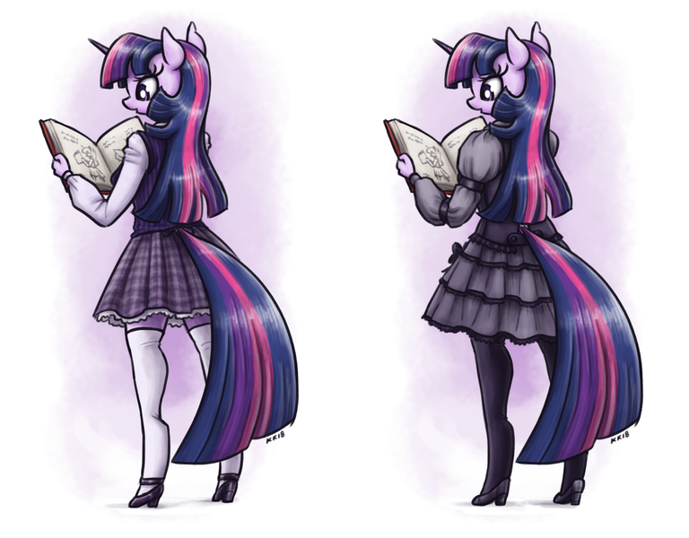 Size: 1408x1100 | Tagged: safe, artist:king-kakapo, derpibooru import, twilight sparkle, anthro, unguligrade anthro, unicorn, adorkable, book, clothes, cute, dork, dress, female, gothic lolita, high heels, mare, pantyhose, plaid, plaid skirt, pleated skirt, reading, rear view, shirt, shoes, simple background, skirt, socks, solo, stockings, sweater vest, thigh highs, white background, zettai ryouiki