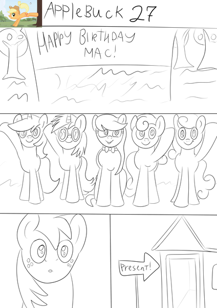 Size: 2480x3508 | Tagged: artist:jbond, big macintosh, birthday, bon bon, carrot top, comic, comic:applebuck, derpibooru import, golden harvest, lyra heartstrings, monochrome, octavia melody, raised hoof, safe, shed, sketch, sweetie drops, text, vinyl scratch