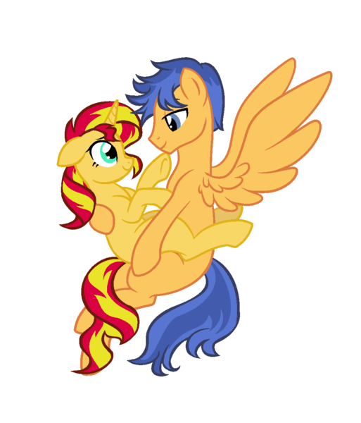 Size: 1089x1273 | Tagged: safe, artist:neighsay, derpibooru import, flash sentry, sunset shimmer, pegasus, pony, unicorn, cute, diasentres, female, flashimmer, floppy ears, looking at each other, male, mare, missing cutie mark, shimmerbetes, shipping, show accurate, spread wings, stallion, straight, wings