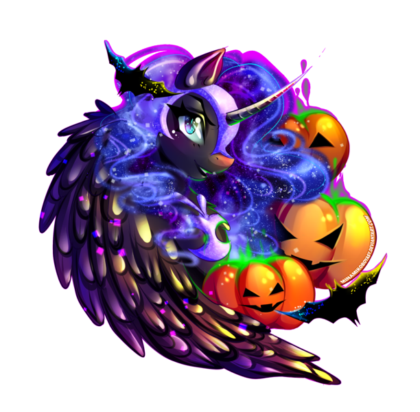 Size: 2893x2835 | Tagged: safe, artist:minamikoboyasy, derpibooru import, nightmare moon, alicorn, bat, pony, female, halloween, holiday, jack-o-lantern, looking at you, mare, pumpkin, simple background, solo, transparent background