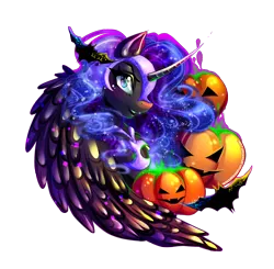 Size: 2893x2835 | Tagged: safe, artist:minamikoboyasy, derpibooru import, nightmare moon, alicorn, bat, pony, female, halloween, holiday, jack-o-lantern, looking at you, mare, pumpkin, simple background, solo, transparent background