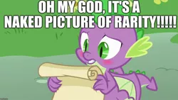 Size: 1280x720 | Tagged: blushing, caption, derpibooru import, dragon, edit, edited screencap, editor:useraccount, excessive exclamation marks, father knows beast, image macro, implied rarity, implied shipping, implied sparity, implied straight, meme, rarity, screencap, scroll, spike, suggestive, text, we don't normally wear clothes, winged spike