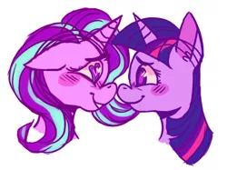 Size: 528x395 | Tagged: safe, artist:ducktacular, derpibooru import, starlight glimmer, twilight sparkle, pony, unicorn, blushing, blushing profusely, boop, cute, female, floppy ears, glimmerbetes, heart eyes, lesbian, looking at each other, mare, mutual booping, noseboop, shipping, twiabetes, twistarlight, wingding eyes