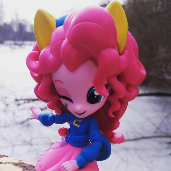 Size: 1080x1080 | Tagged: safe, artist:artofmagicpoland, artist:flanksyofficial, derpibooru import, pinkie pie, equestria girls, doll, equestria girls minis, forest, lake, solo, toy, winter