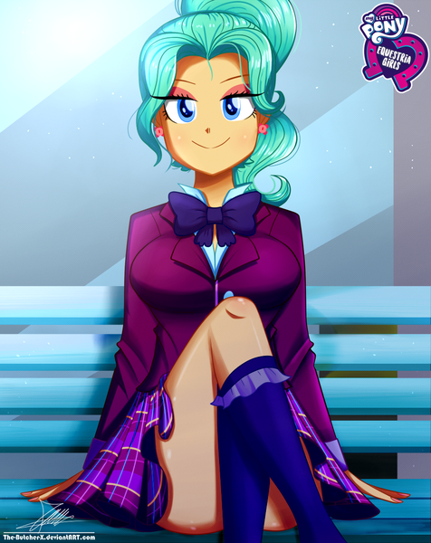 Size: 920x1160 | Tagged: safe, artist:the-butch-x, derpibooru import, part of a set, garden grove, equestria girls, friendship games, adorasexy, background human, bench, big breasts, breasts, busty garden grove, butch's hello, clothes, crossed legs, crystal prep academy uniform, cute, equestria girls logo, female, grin, hello x, kneesocks, legs, looking at you, plaid skirt, pleated skirt, ponytail, school uniform, schrödinger's pantsu, sexy, sitting, skirt, smiling, socks, solo, thighs, upskirt denied