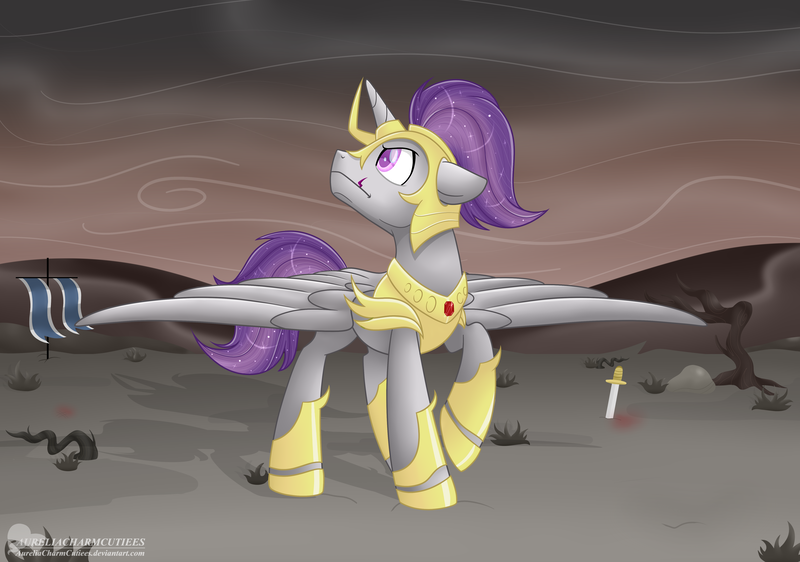 Size: 5069x3559 | Tagged: alicorn, alicorn oc, alternate timeline, armor, artist:raspberrystudios, ashlands timeline, barren, derpibooru import, guard, horn, implied genocide, oc, post-apocalyptic, safe, scar, unofficial characters only, wasteland, wastelands, wings