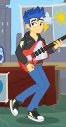 Size: 283x540 | Tagged: safe, derpibooru import, screencap, flash sentry, best trends forever, equestria girls, equestria girls series, clothes, converse, cropped, electric guitar, guitar, hoodie, male, musical instrument, pants, shoes, smiling, sneakers