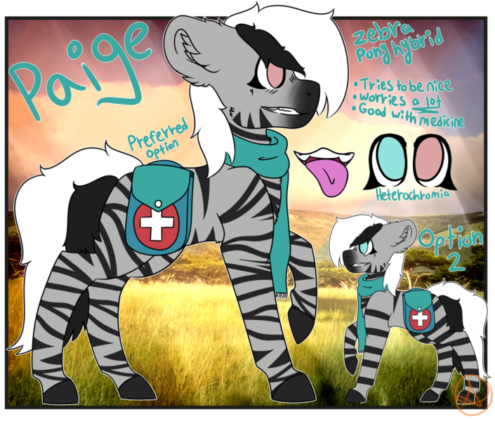 Size: 1024x872 | Tagged: artist:diane-thorough, bag, clothes, derpibooru import, female, heterochromia, oc, oc:paige, reference sheet, saddle bag, safe, scarf, solo, zebra, zebra oc