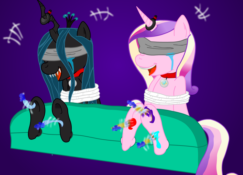 Size: 2636x1896 | Tagged: suggestive, alternate version, artist:darktailsko, artist:placeholder, derpibooru import, princess cadance, queen chrysalis, alicorn, changeling, changeling queen, pony, blindfold, bondage, brush, chrysub, collar, colored, commission, crying, erotic tickling, feather, female, females only, femsub, fetish, gradient background, hoof fetish, hoof tickling, horn, horn ring, laughing, levitation, magic, magic suppression, mare, open mouth, paint, paintbrush, pet tag, ring, rope, rope bondage, stocks, submissive, tears of laughter, telekinesis, tickle fetish, tickle torture, tickling, underhoof, wall of tags