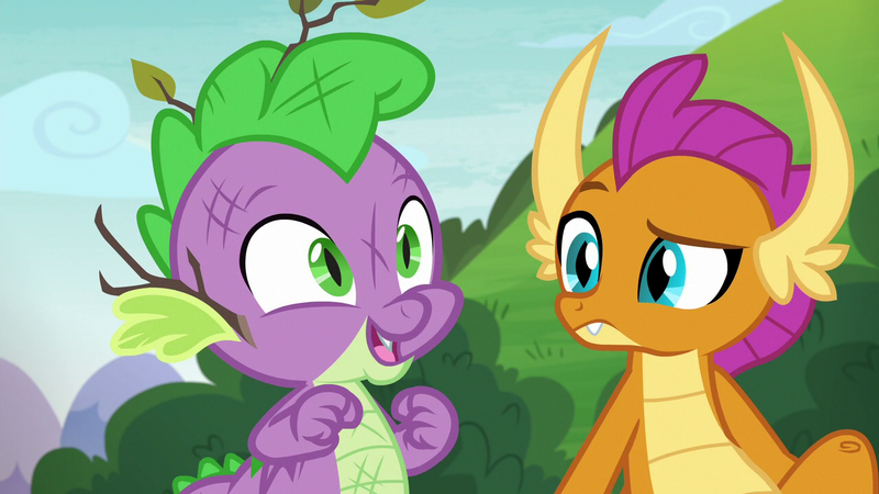 Size: 1280x720 | Tagged: derpibooru import, dragon, dragoness, father knows beast, female, male, naive, raised eyebrow, safe, screencap, smolder, spike, winged spike