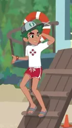 Size: 223x394 | Tagged: safe, derpibooru import, screencap, timber spruce, equestria girls, equestria girls series, turf war, arm behind head, clothes, cropped, feet, legs, lifeguard, lifeguard timber, male, male feet, sandals, shorts, smiling