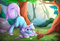 Size: 1280x877 | Tagged: safe, artist:d-sixzey, derpibooru import, oc, oc:lemon code, unofficial characters only, pony, squirrel, unicorn, animal, cloven hooves, crepuscular rays, cutie mark, ear fluff, eyelashes, face down ass up, female, forest, outdoors, solo, tree