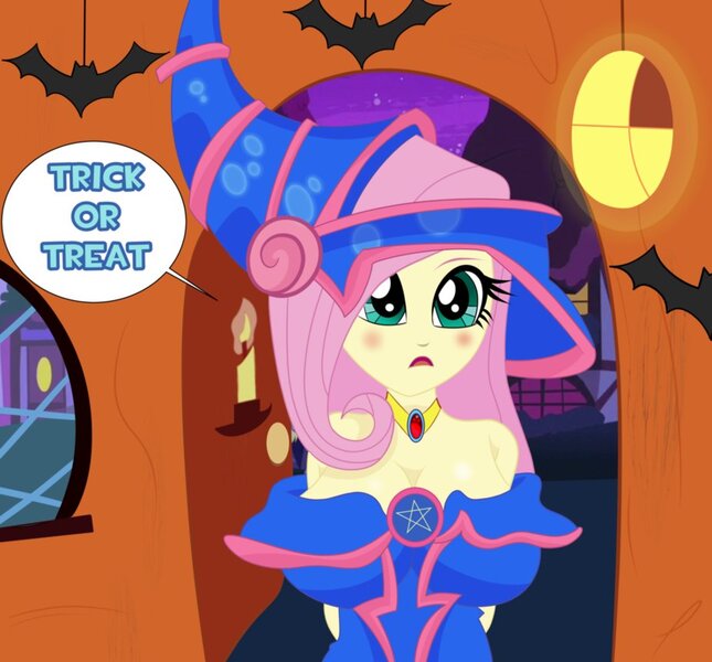 Size: 927x862 | Tagged: safe, artist:raydonxd, derpibooru import, fluttershy, bat pony, equestria girls, big breasts, breasts, busty fluttershy, candy, cleavage, dark magician girl, female, flutterbat, food, halloween, holiday, race swap, solo, trick or treat, yu-gi-oh!