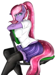 Size: 3381x4518 | Tagged: anthro, anthro oc, artist:cannoncar, breasts, chair, clothes, commission, crystal pony, derpibooru import, female, mare, oc, oc:amethyst gleam, school uniform, simple background, sitting, smiling, socks, solo, solo female, stockings, suggestive, thigh highs, transparent background, unofficial characters only, ych result