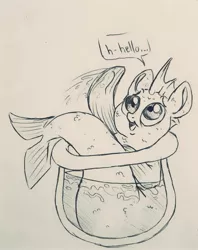 Size: 1609x2031 | Tagged: artist:smirk, chubby, cute, derpibooru import, dialogue, fish, fish bowl, monochrome, oc, safe, shy, solo, traditional art, unofficial characters only, waving