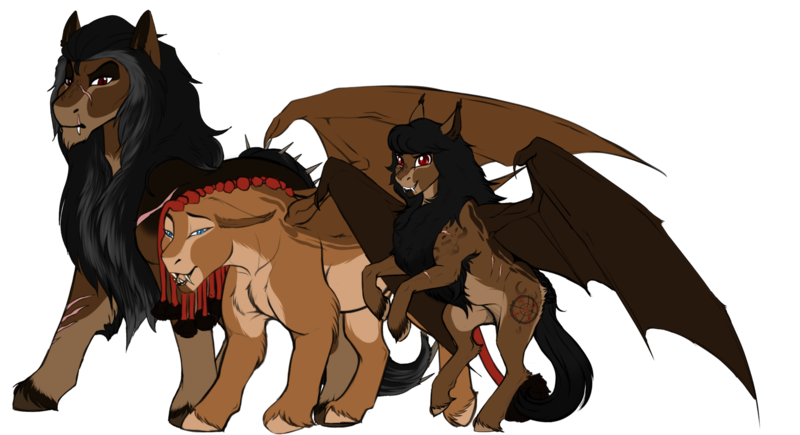 Size: 2973x1617 | Tagged: safe, artist:theecchiqueen, deleted from derpibooru, derpibooru import, oc, oc:jabari, oc:octavus, oc:sikudhani, unofficial characters only, bat pony, earth pony, manticore, mantipony, pony, bat pony oc, bat wings, family, father and child, father and son, female, husband and wife, male, mantipony oc, mare, mother and child, mother and son, simple background, size comparison, smiling, stallion, transparent background, wings