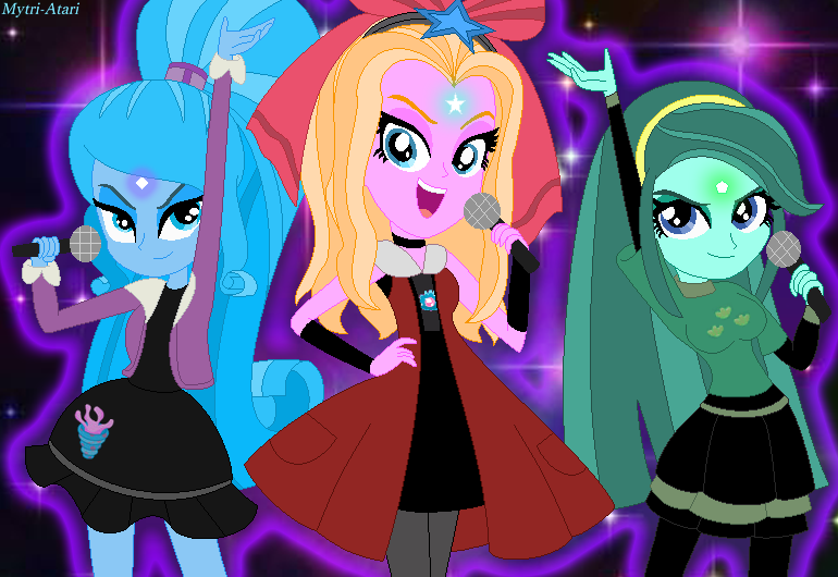 Size: 770x530 | Tagged: safe, artist:mytri-atari, derpibooru import, oc, oc:aglaope, oc:piscis, oc:radne, oc:the dark stars, unofficial characters only, mermaid, equestria girls, busty radne, clothes, diadem, magic, microphone