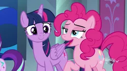 Size: 1920x1080 | Tagged: safe, derpibooru import, screencap, pinkie pie, starlight glimmer, twilight sparkle, twilight sparkle (alicorn), alicorn, earth pony, pony, school raze, duo focus, female, lidded eyes, mare, open mouth, out of context, raised hoof