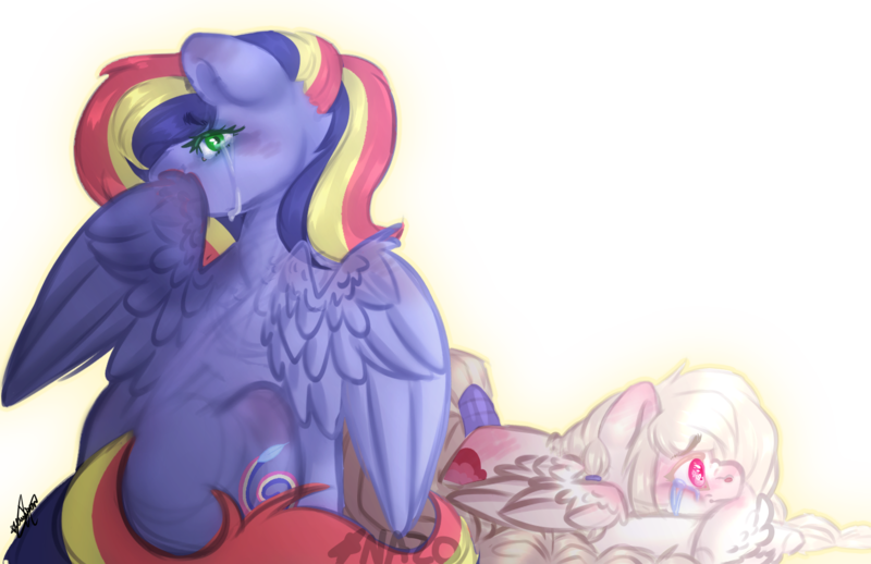 Size: 1446x936 | Tagged: safe, artist:owl-clockwork, derpibooru import, oc, oc:paint swirl, oc:snow drop, unofficial characters only, pegasus, pony, kindverse, albino, crying, duo, female, interdimensional siblings, mare, offspring, parent:rainbow dash, parent:soarin', parents:soarindash, signature, simple background, transparent background, watermark