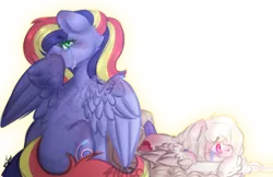 Size: 1446x936 | Tagged: safe, artist:owl-clockwork, derpibooru import, oc, oc:paint swirl, oc:snow drop, unofficial characters only, pegasus, pony, kindverse, albino, crying, duo, female, interdimensional siblings, mare, offspring, parent:rainbow dash, parent:soarin', parents:soarindash, signature, simple background, transparent background, watermark