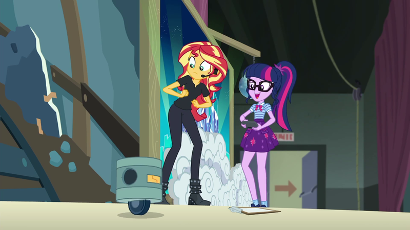 Size: 1280x720 | Tagged: safe, derpibooru import, screencap, sci-twi, sunset shimmer, twilight sparkle, robot, all the world's off stage, equestria girls, equestria girls series, all the world's off stage: twilight sparkle, clipboard, clothes, director shimmer, duo, female, geode of telekinesis, glasses, headset, high heels, magical geodes, ponytail, school play, shoes, skirt