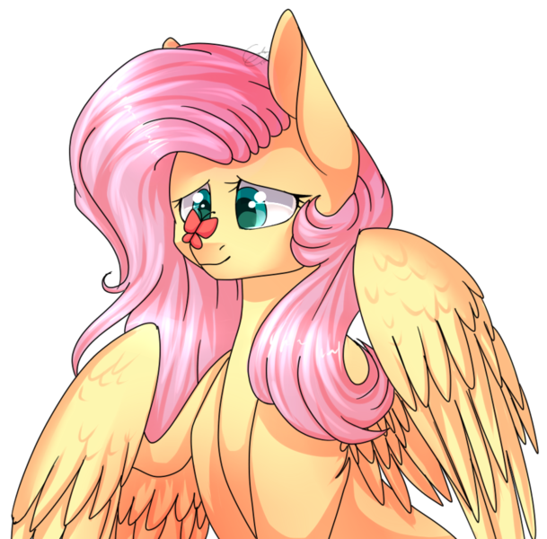 Size: 900x887 | Tagged: safe, artist:furi9n, derpibooru import, fluttershy, butterfly, pegasus, pony, bust, butterfly on nose, cross-eyed, cute, female, insect on nose, looking at something, mare, outline, shyabetes, simple background, smiling, solo, spread wings, transparent background, white outline, wings