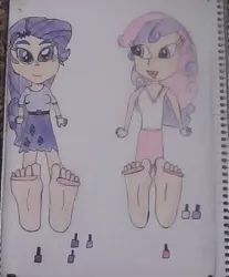 Size: 796x960 | Tagged: suggestive, derpibooru import, rarity, sweetie belle, equestria girls, bounding, drawing, feet, female, fetish, foot fetish, nail polish, open mouth, pedicure, siblings, sisters, traditional art