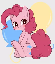 Size: 749x877 | Tagged: safe, artist:manachaaaaaaaa, derpibooru import, pinkie pie, earth pony, pony, blushing, cute, cutie mark background, diapinkes, female, mare, sitting, smiling, solo