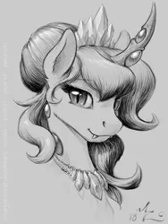 Size: 900x1200 | Tagged: safe, artist:amarynceus, deleted from derpibooru, derpibooru import, changeling queen oc, oc, oc:queen polistae, unofficial characters only, changeling, changeling queen, pony, changeling oc, doodle, fangs, female, grayscale, hair bun, monochrome, queen, solo, traditional art