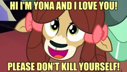 Size: 1334x750 | Tagged: a rockhoof and a hard place, caption, cute, derpibooru import, edit, edited screencap, hope, image macro, implied rockhoof, implied suicide, implied suicide attempt, meme, motivational, screencap, semi-grimdark, smiling, solo, suicide, text, totally legit recap, yona, yonadorable