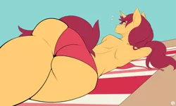 Size: 1941x1173 | Tagged: suggestive, artist:animatorrawgreen, derpibooru import, oc, oc:keyan, unofficial characters only, anthro, unicorn, anthro oc, ass, beach towel, bikini, butt, clothes, femboy, looking at you, male, partial nudity, solo, solo male, swimsuit, topless