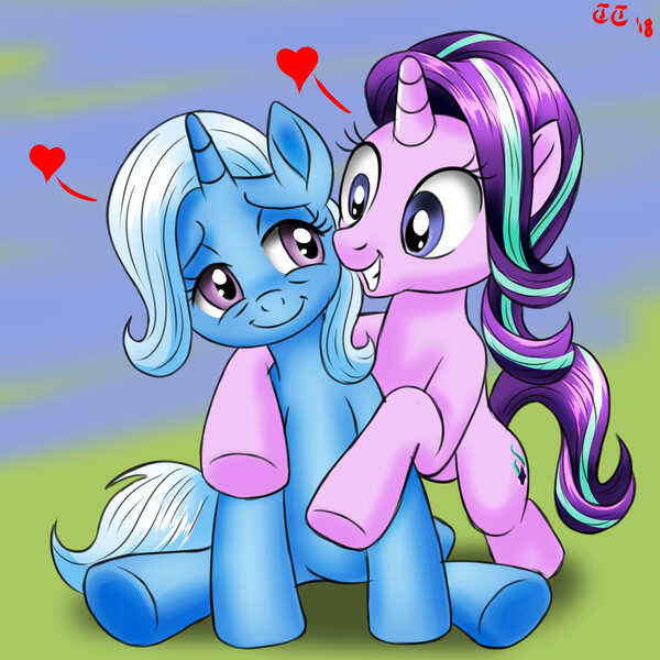 Size: 4000x4000 | Tagged: safe, artist:tomtornados, derpibooru import, starlight glimmer, trixie, pony, unicorn, cute, daaaaaaaaaaaw, diatrixes, female, glimmerbetes, heart, hug, lesbian, looking at each other, shipping, signature, simple background, sitting, smiling, startrix