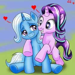 Size: 4000x4000 | Tagged: safe, artist:tomtornados, derpibooru import, starlight glimmer, trixie, pony, unicorn, cute, daaaaaaaaaaaw, diatrixes, female, glimmerbetes, heart, hug, lesbian, looking at each other, shipping, signature, simple background, sitting, smiling, startrix