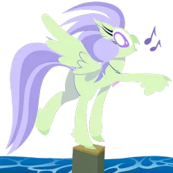 Size: 1000x1000 | Tagged: artist:dragonpone, background hippogriff, balancing, classical hippogriff, cute, derpibooru import, feathered fetlocks, female, hippogriff, jewelry, laguna, lineless, looking at you, looking back, music notes, necklace, open mouth, quadrupedal, raised hoof, raised leg, safe, simple background, smiling, solo, spread wings, surf and/or turf, transparent background, water, wings
