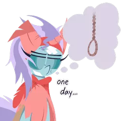 Size: 1000x1000 | Tagged: artist:dragonpone, bandage, changedling, changeling, clothes, costume, derpibooru import, dialogue, fake ears, fake horn, female, horse play, implied hanging, implied suicide, insanellus, lineless, noose, ocellus, ocellus is not amused, one day, semi-grimdark, simple background, solo, thought bubble, transparent background, unamused, wig