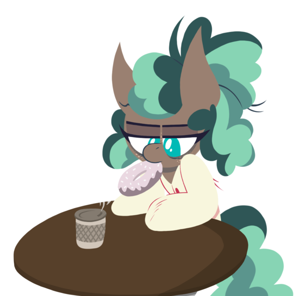 Size: 1000x1000 | Tagged: safe, artist:dragonpone, derpibooru import, minty mocha, earth pony, pony, the parent map, bags under eyes, bathrobe, clothes, coffee, donut, female, food, freckles, lidded eyes, lineless, mare, mouth hold, robe, simple background, solo, steam, table, tired, transparent background