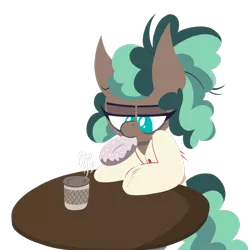 Size: 1000x1000 | Tagged: safe, artist:dragonpone, derpibooru import, minty mocha, earth pony, pony, the parent map, bags under eyes, bathrobe, clothes, coffee, donut, female, food, freckles, lidded eyes, lineless, mare, mouth hold, robe, simple background, solo, steam, table, tired, transparent background