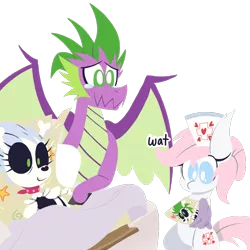 Size: 1000x1000 | Tagged: safe, artist:dragonpone, derpibooru import, nurse redheart, skellinore, spike, oc, dracony, dragon, earth pony, hybrid, pony, skeleton pony, the break up breakdown, adult, adult spike, baby, bed, bipedal, blanket, bone, boots, claws, clothes, confused, crying, cutie mark, dialogue, dragon bones, dragon wings, ear fluff, female, freckles, happy, hooves, horns, hospital bed, interspecies offspring, lineless, male, mare, neckerchief, newborn, offspring, older, older spike, parent:skellinore, parent:spike, parents:dragon bones, shipping, shoes, shoulder freckles, simple background, skeleton, smiling, spread wings, straight, swaddling, tears of joy, teary eyes, transparent background, wat, winged spike, wings