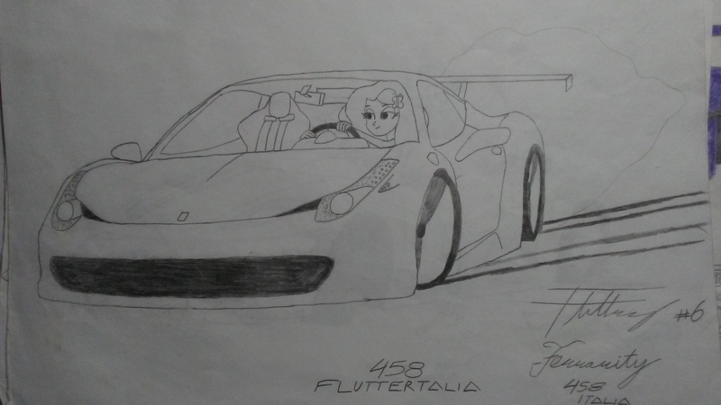 Size: 2560x1440 | Tagged: safe, artist:forzaveteranenigma, derpibooru import, fluttershy, equestria girls, car, drifting, driving, ferrari, ferrari 458 italia, solo, supercar, traditional art