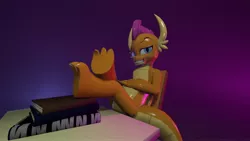 Size: 5000x2812 | Tagged: 3d, artist:ghost reviews, blue, book, derpibooru import, desk, dragon, dragoness, enjoying the view, feet, female, leaning back, leaning back in chair, purple, raised eyebrow, reclining, safe, school, shiny, smolder, smug, soles, source filmmaker, tail, toes