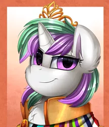 Size: 1722x2003 | Tagged: safe, artist:pridark, derpibooru import, oc, oc:armstice, pony, bust, clothes, commission, crown, jewelry, portrait, regalia, smiling, solo