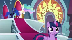 Size: 1920x1080 | Tagged: safe, derpibooru import, screencap, princess celestia, princess luna, twilight sparkle, twilight sparkle (alicorn), alicorn, pony, school raze, canterlot throne room, ethereal mane, female, hoof shoes, mare, throne room, trio