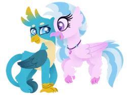 Size: 500x375 | Tagged: safe, artist:carouselunique, derpibooru import, gallus, silverstream, classical hippogriff, gryphon, hippogriff, cute, diastreamies, digital art, female, gallabetes, gallstream, looking at each other, male, paws, shipping, simple background, smiling, straight, transparent background