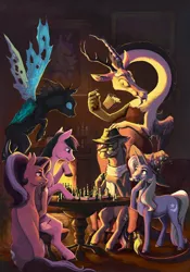 Size: 1400x2000 | Tagged: safe, artist:28gooddays, derpibooru import, discord, starlight glimmer, thorax, trixie, oc, changeling, draconequus, pony, unicorn, candle, chair, chess, clothes, colored hooves, couch, eating, female, fireplace, flying, food, hat, levitation, magic, male, mare, painting, popcorn, scarf, sitting, table, telekinesis