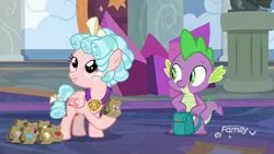 Size: 1920x1080 | Tagged: safe, derpibooru import, screencap, cozy glow, spike, dragon, pony, school raze, backpack, cozybetes, cute, discovery family logo, duo, female, filly, foal, image, jpeg, lunch bag, male, paper bag, spikabetes, winged spike