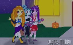 Size: 4005x2484 | Tagged: safe, artist:cyber-murph, derpibooru import, adagio dazzle, aria blaze, sonata dusk, equestria girls, rainbow rocks, bojack unbound, clothes, cosplay, costume, crossover, danny phantom, dragon ball z, ember mclain, guitar, halloween, halloween costume, holiday, jack-o-lantern, kagami hiiragi, lucky star, musical instrument, pig tail, pumpkin, signature, zangya