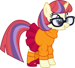 Size: 1200x1078 | Tagged: safe, artist:cloudyglow, derpibooru import, moondancer, pony, unicorn, clothes, cosplay, costume, cute, dancerbetes, female, glasses, mare, mary janes, pleated skirt, scooby doo, shoes, simple background, skirt, smiling, socks, solo, standing, sweater, transparent background, vector, velma dinkley