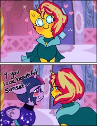 Size: 1280x1656 | Tagged: safe, artist:nichroniclesvsart, derpibooru import, sci-twi, sunset shimmer, twilight sparkle, ponified, pony, series:princess sciset, equestria girls, blushing, crystal gala dress, equestria girls ponified, female, heart, heart eyes, lesbian, scitwishimmer, shipping, sunsetsparkle, wingding eyes